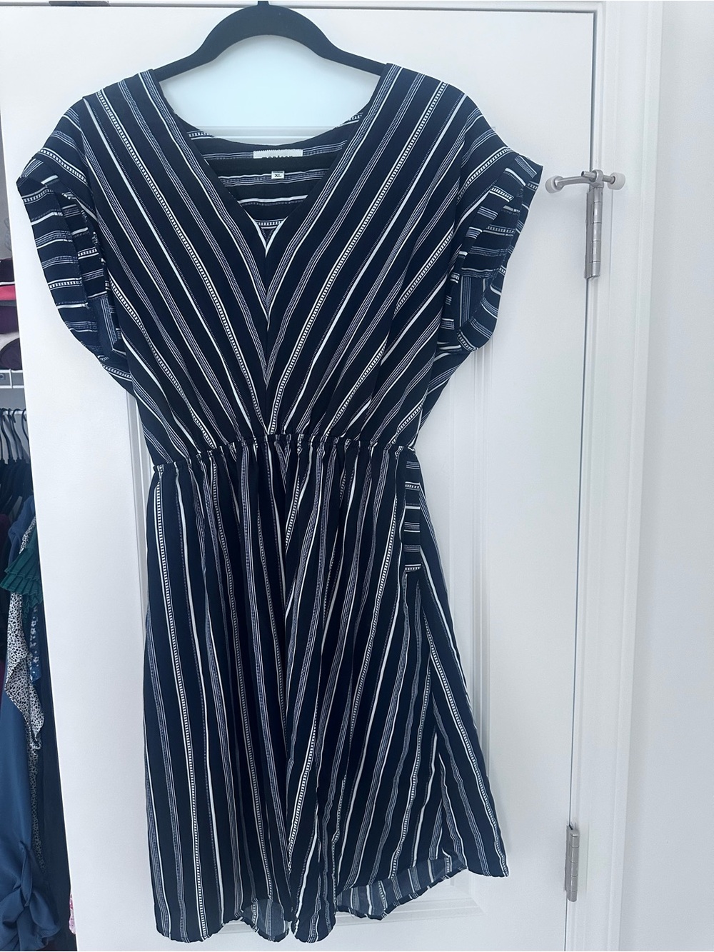 Monteau Navy and White Striped V-Neck Mini Dress
